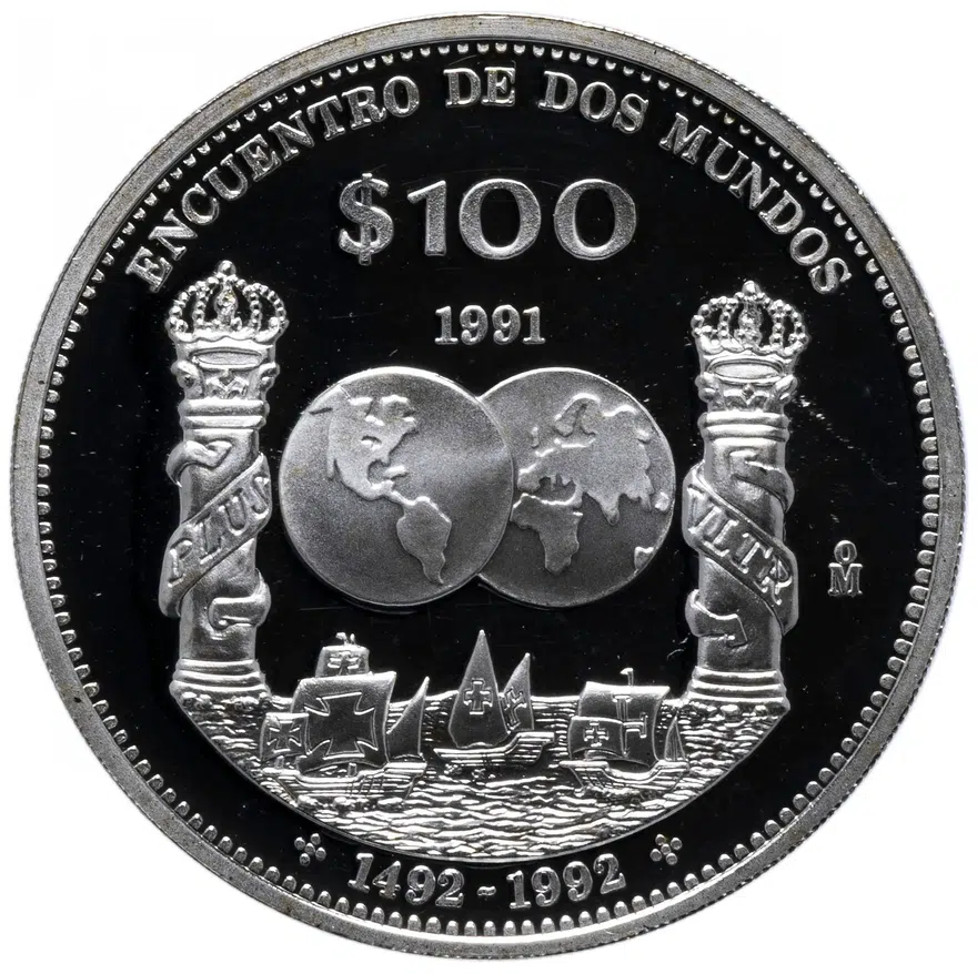 Мексика 100 песо (pesos) 1991 "Иберо-Америка - Встреча двух миров", реверс