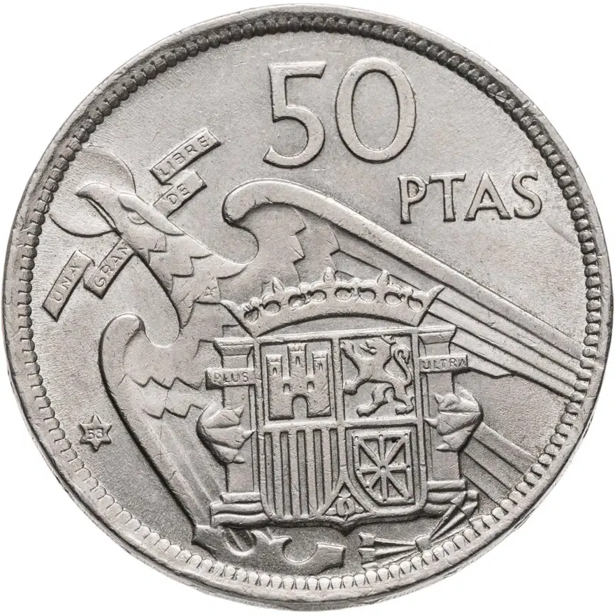 Испания 50 песет (pesetas) 1957 // 58 внутри звезды, реверс