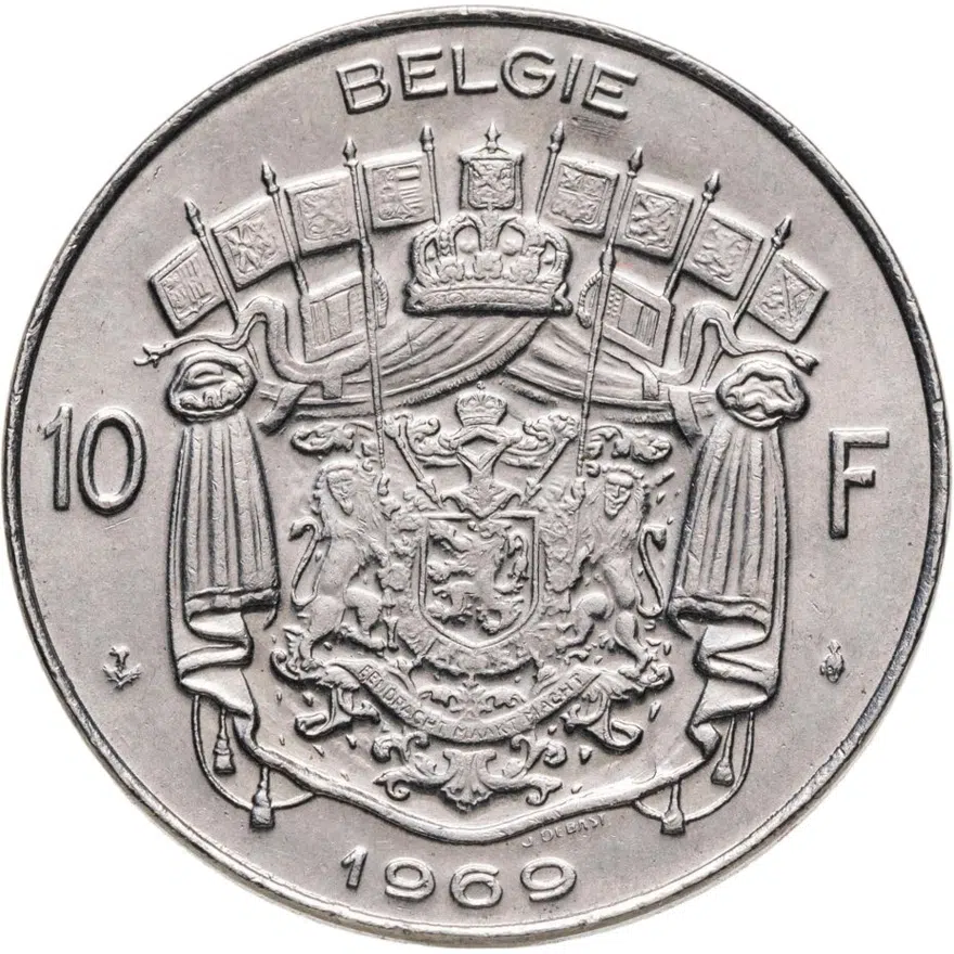Бельгия 10 франков (francs) 1969  Надпись на голландском - 'BELGIE', аверс