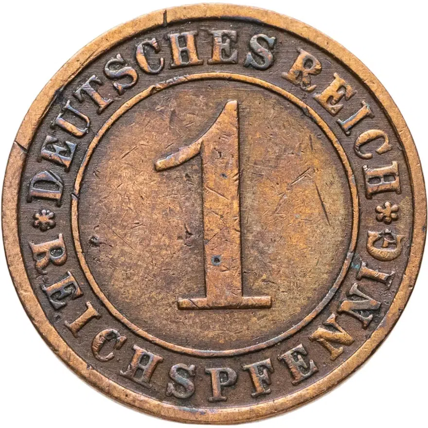 Германия 1 рейхспфенниг (reichspfennig) 1925 F  знак монетного двора "F" — Штутгарт