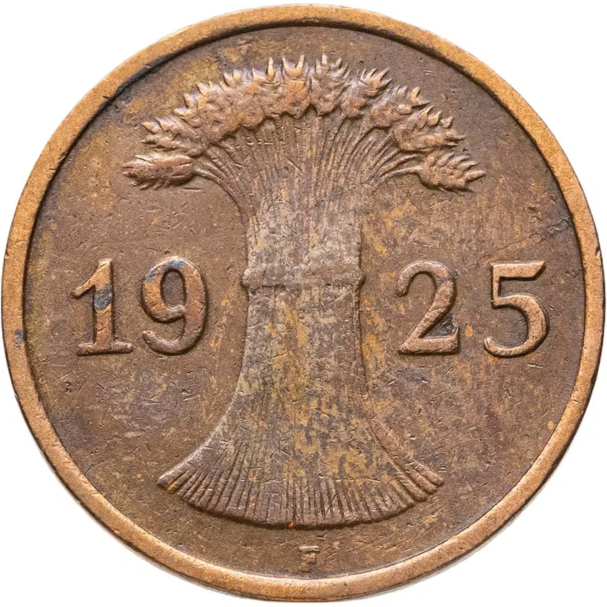 Германия 1 рейхспфенниг (reichspfennig) 1925 F  знак монетного двора "F" — Штутгарт, реверс