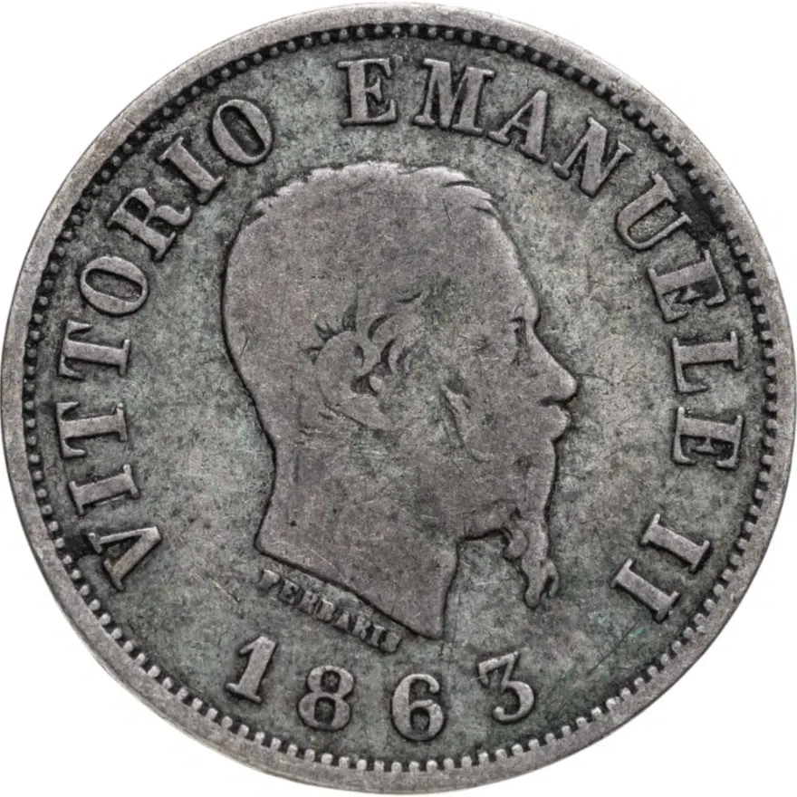 Италия 50 чентезимо (centesimi) 1863 M Щит на реверсе знак монетного двора: "M" - Милан