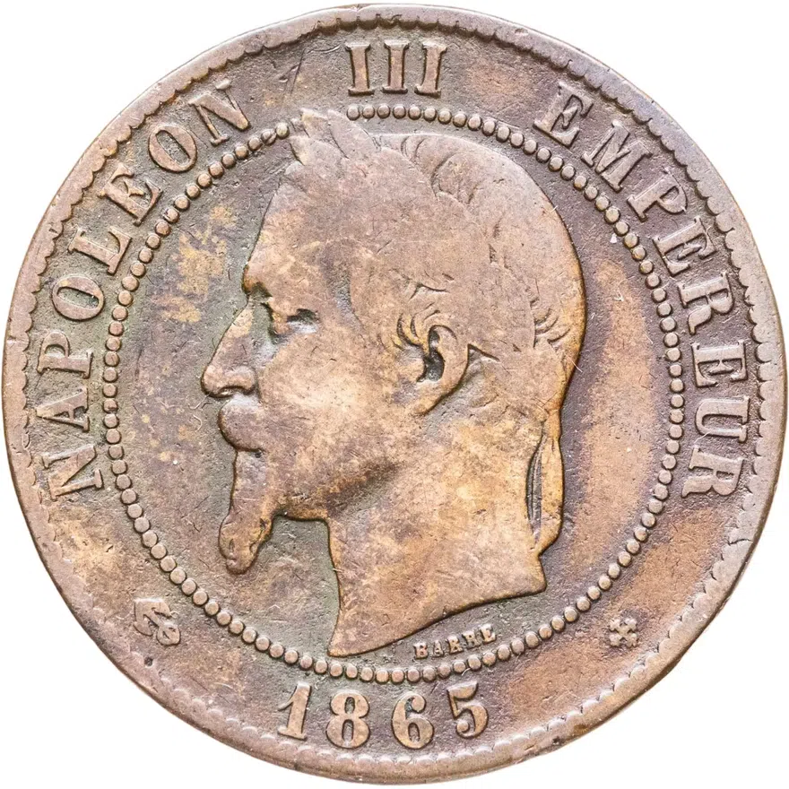 Франция 10 сантимов (centimes) 1865 BB  знак монетного двора: "BB" - Страсбург, аверс