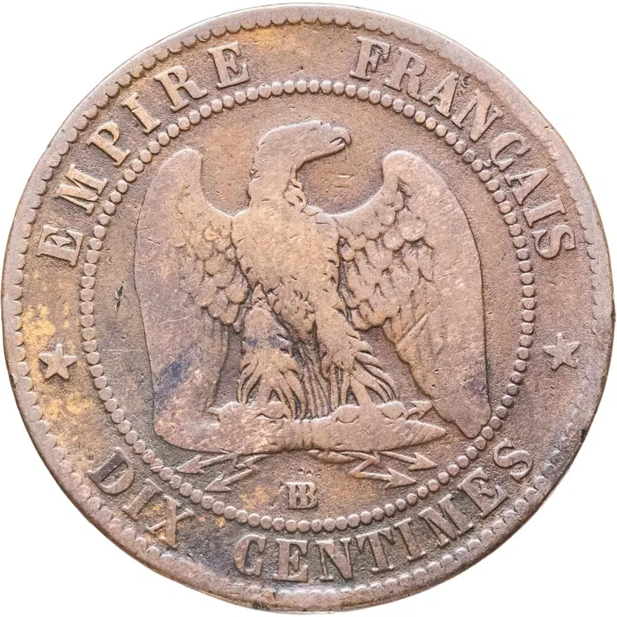 Франция 10 сантимов (centimes) 1865 BB  знак монетного двора: "BB" - Страсбург, реверс