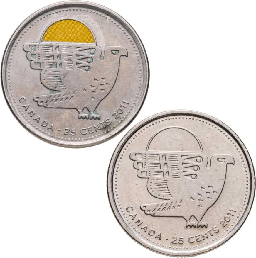 Канада 25 центов (cents) 2011 Природа Канады - Сапсан, обычное и цветное исполнение, аверс
