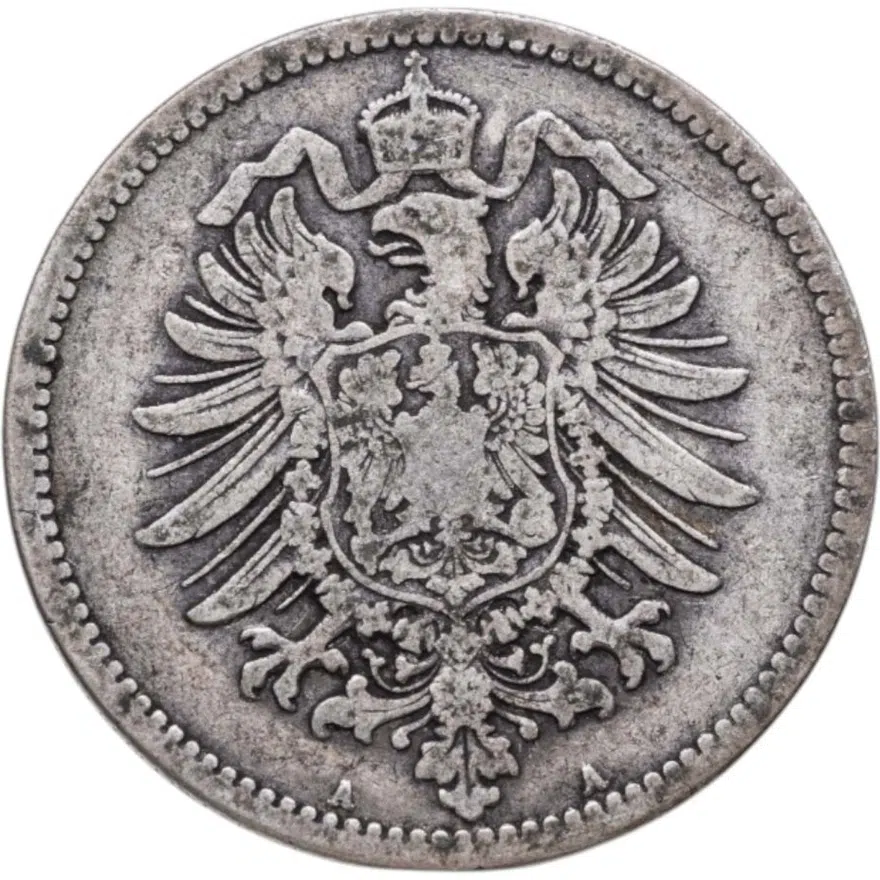 Германия 1 марка (mark) 1878 A  знак монетного двора: "A" - Берлин, реверс