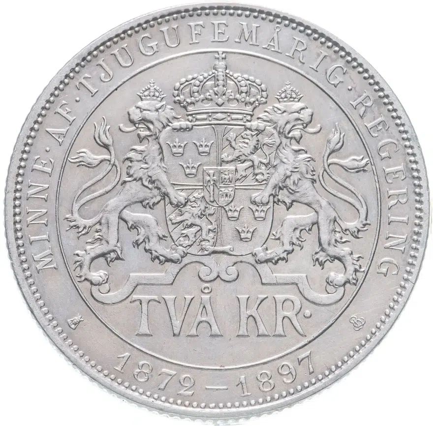 Швеция 2 кроны (kronor) 1897  25 лет вступлению на престол Короля Оскара II (серебряный юбилей), реверс