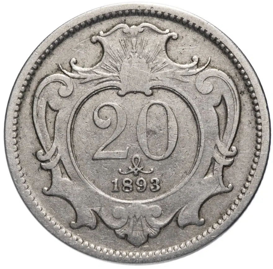 Австро-Венгрия 20 геллеров (heller) 1893, монета для Австрии, аверс
