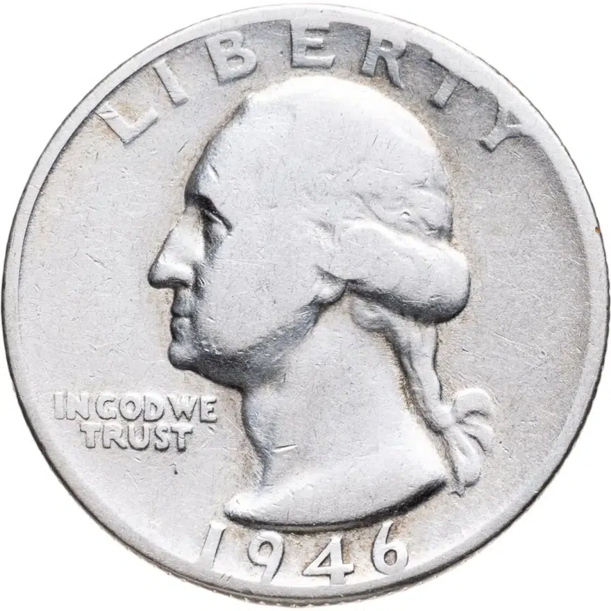 США 25 центов (квотер, 1/4 доллара, quarter dollar) 1946  Washington Quarter, знак монетного двора: "S" - Сан-Франциско, аверс
