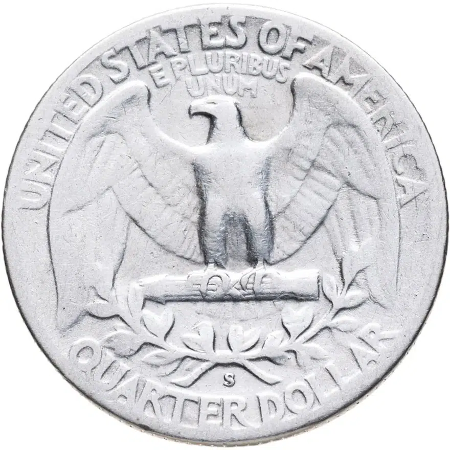 США 25 центов (квотер, 1/4 доллара, quarter dollar) 1946  Washington Quarter, знак монетного двора: "S" - Сан-Франциско, реверс