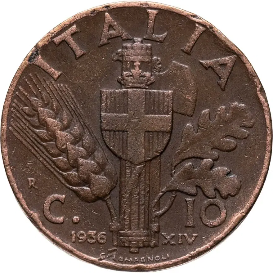 Италия 10 чентезимо (centesimi) 1936  Новый реверс: Герб, аверс