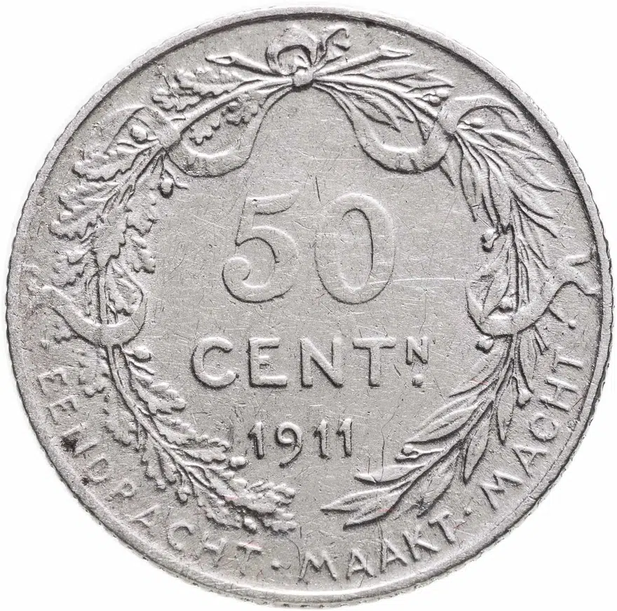 Бельгия 50 сантимов (centimes) 1911 Надпись на голландском - 'ALBERT KONING DER BELGEN'