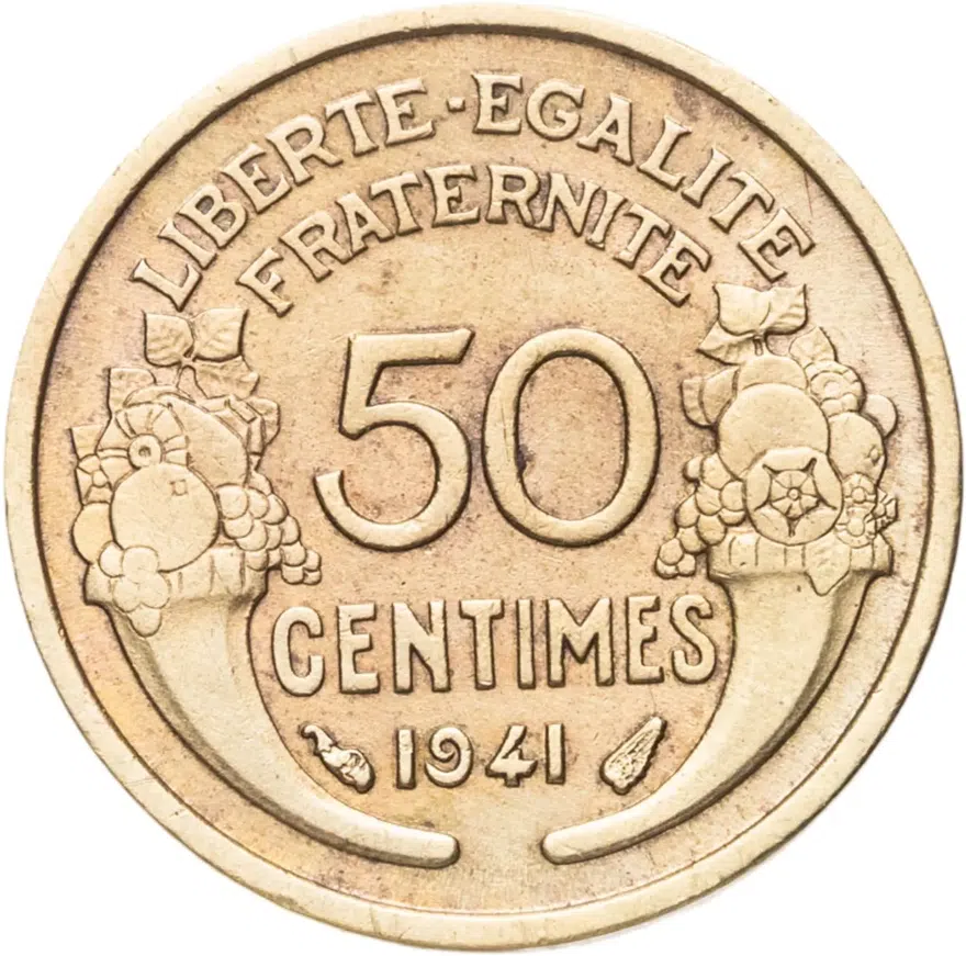 Франция 50 сантимов (centimes) 1941  Алюминиевая бронза /жёлтый цвет/, аверс