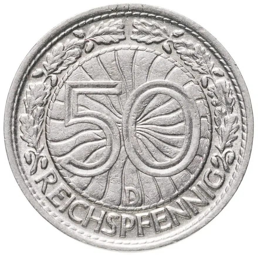 Германия 50 рейхспфеннигов (reichspfennig) 1928 знак монетного двора "D" — Мюнхен