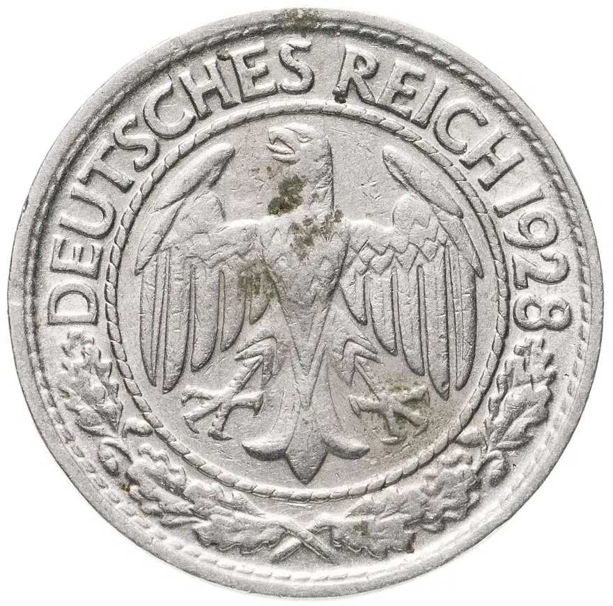 Германия 50 рейхспфеннигов (reichspfennig) 1928 знак монетного двора "D" — Мюнхен, реверс