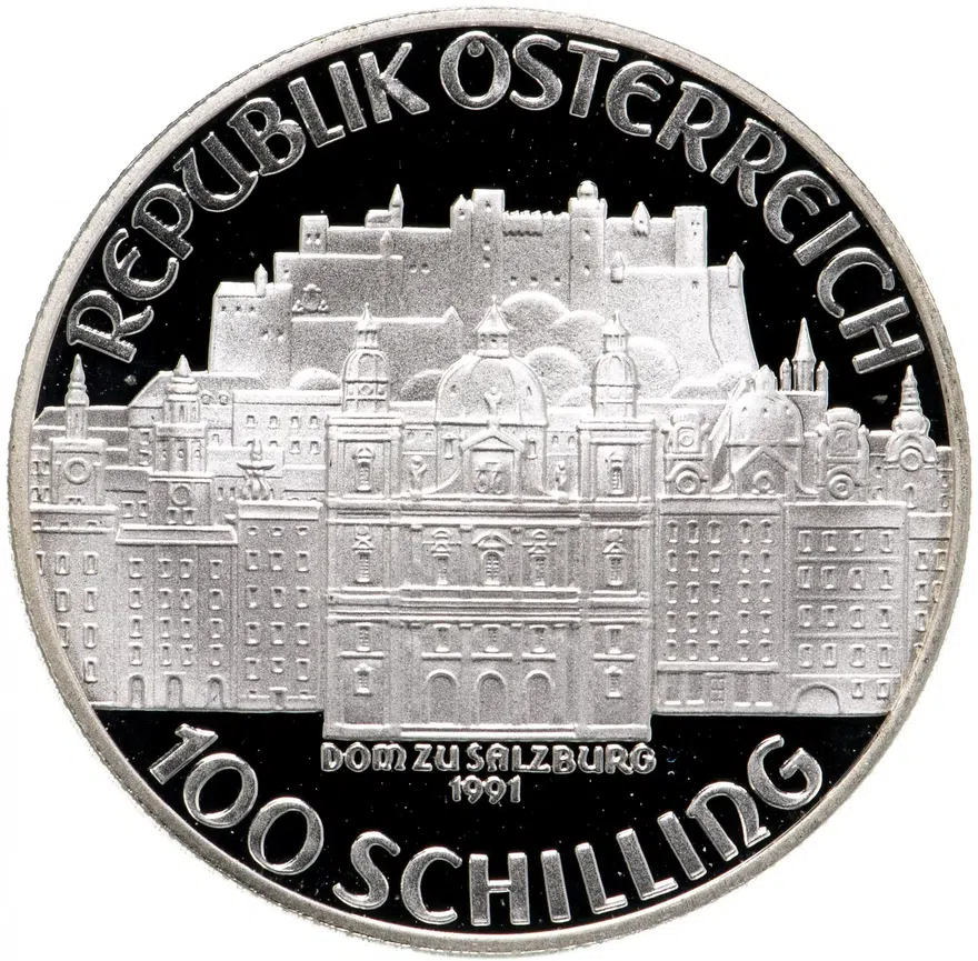 Австрия 100 шиллингов (shillings) 1991 "200 лет со дня смерти Вольфганга Амадея Моцарта. Зальцбург", реверс