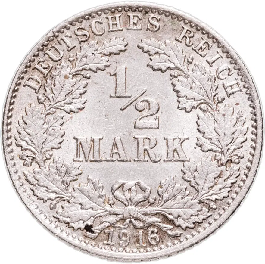 Германия 1/2 марки (mark) 1916 D  знак монетного двора: "D" - Мюнхен, аверс