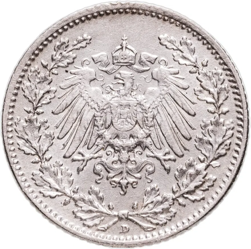 Германия 1/2 марки (mark) 1916 D  знак монетного двора: "D" - Мюнхен, реверс