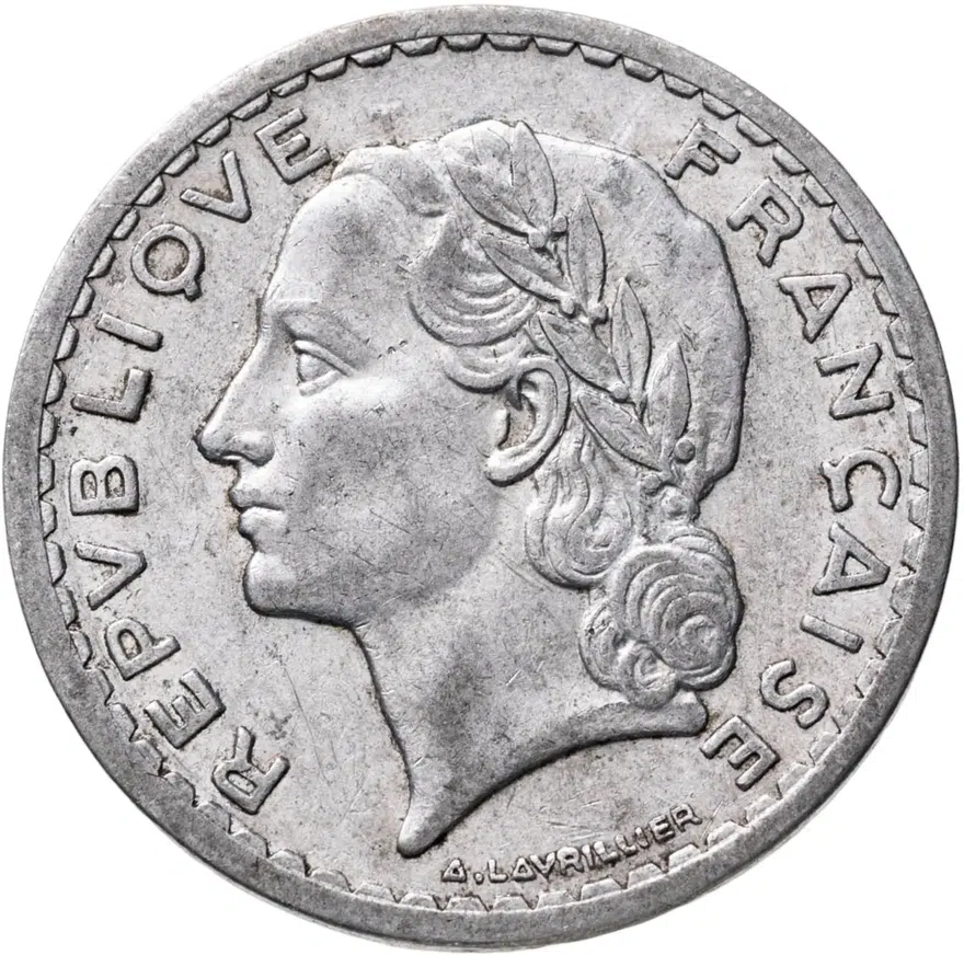Франция 5 франков (francs) 1946  Алюминий /серый цвет/ Без отметки монетного двора, аверс