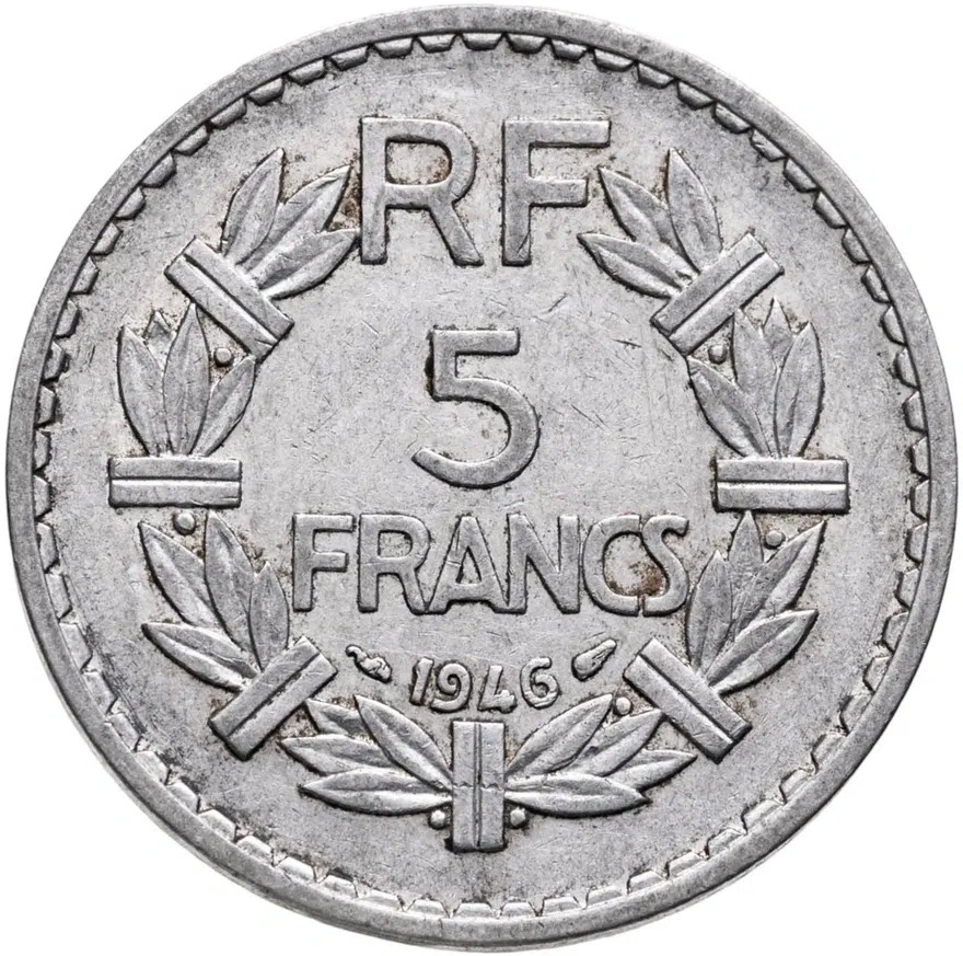 Франция 5 франков (francs) 1946  Алюминий /серый цвет/ Без отметки монетного двора, реверс