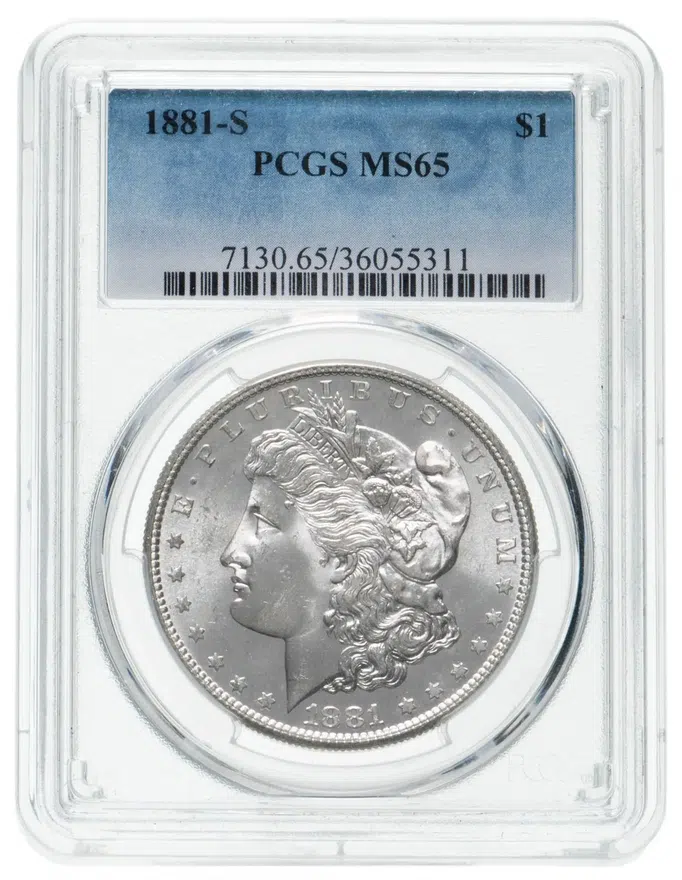 США 1 доллар (dollar) 1881 S "Доллар Моргана" в слабе NGC MS62
