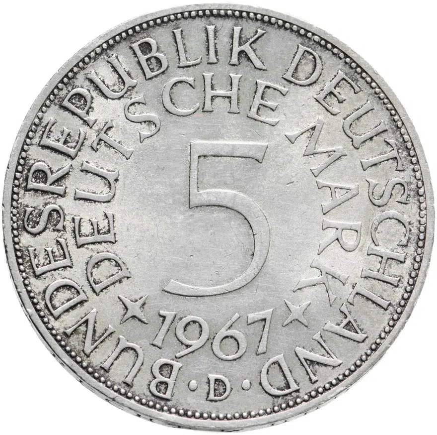Германия 5 марок (mark) 1967 D  знак монетного двора: "D" - Мюнхен, аверс