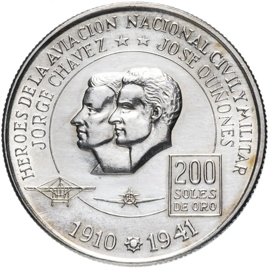 Перу 200 солей (soles) 1975 "Авиаторы - Хорхе Чавес и Хосе Киньонес Гонсалес", аверс