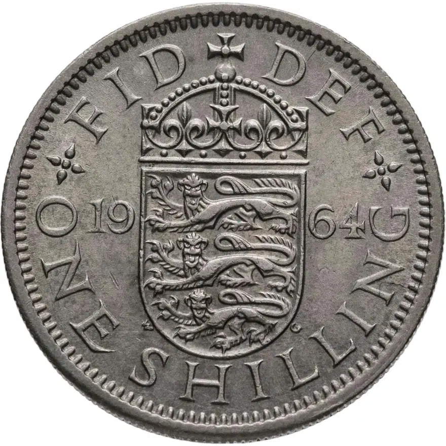 Великобритания 1 шиллинг (shilling) 1964  Английский герб - 3 льва внутри коронованного щита, реверс