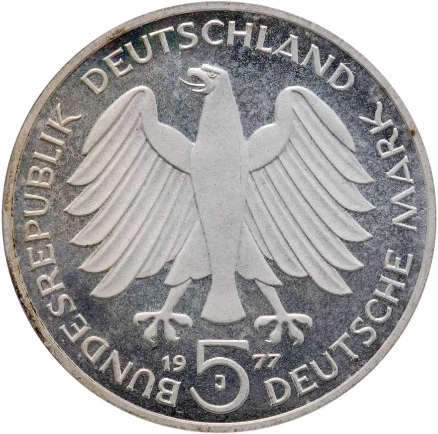 Германия 5 марок (deutsche mark) 1977  200 лет со дня рождения Карла Фридриха Гаусса, реверс