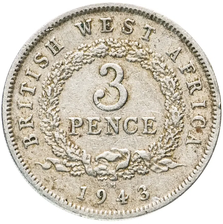 Британская Западная Африка 3 пенса (pence) 1943 знак монетного двора: "H" - Хитон, Бирмингем, реверс