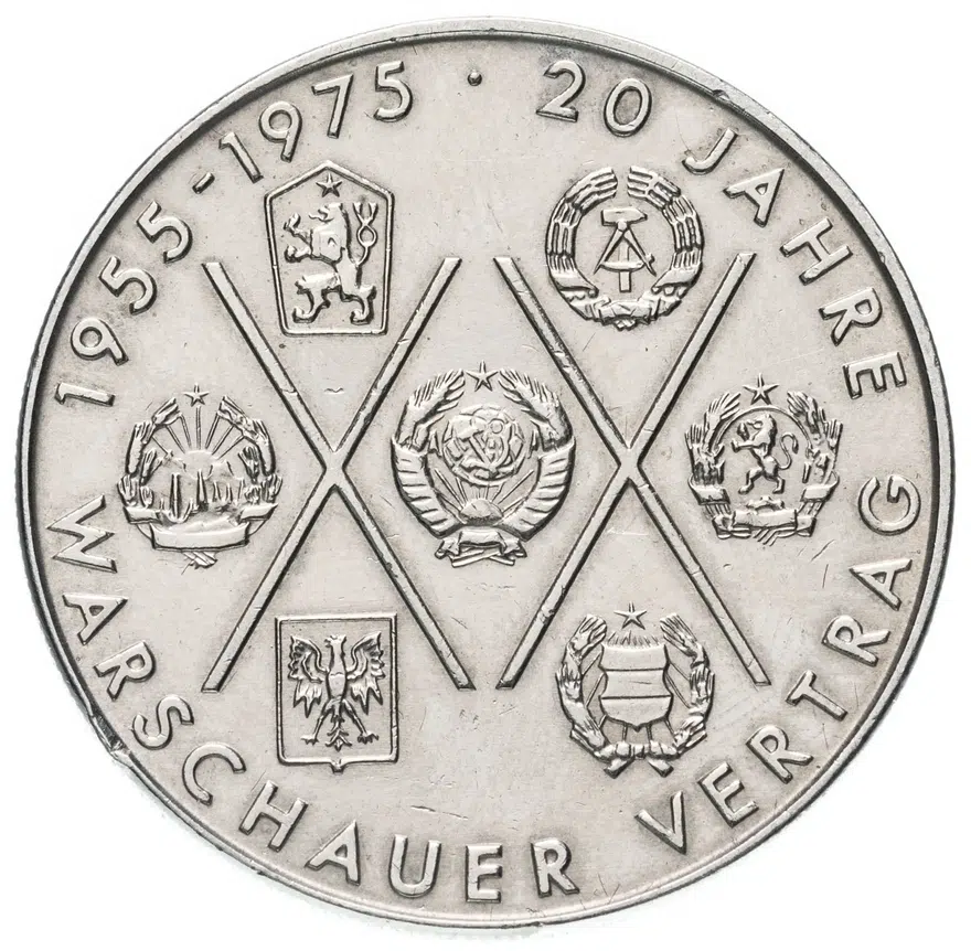 Германия (ГДР) 10 марок (mark) 1975  20 лет Варшавскому Договору, реверс