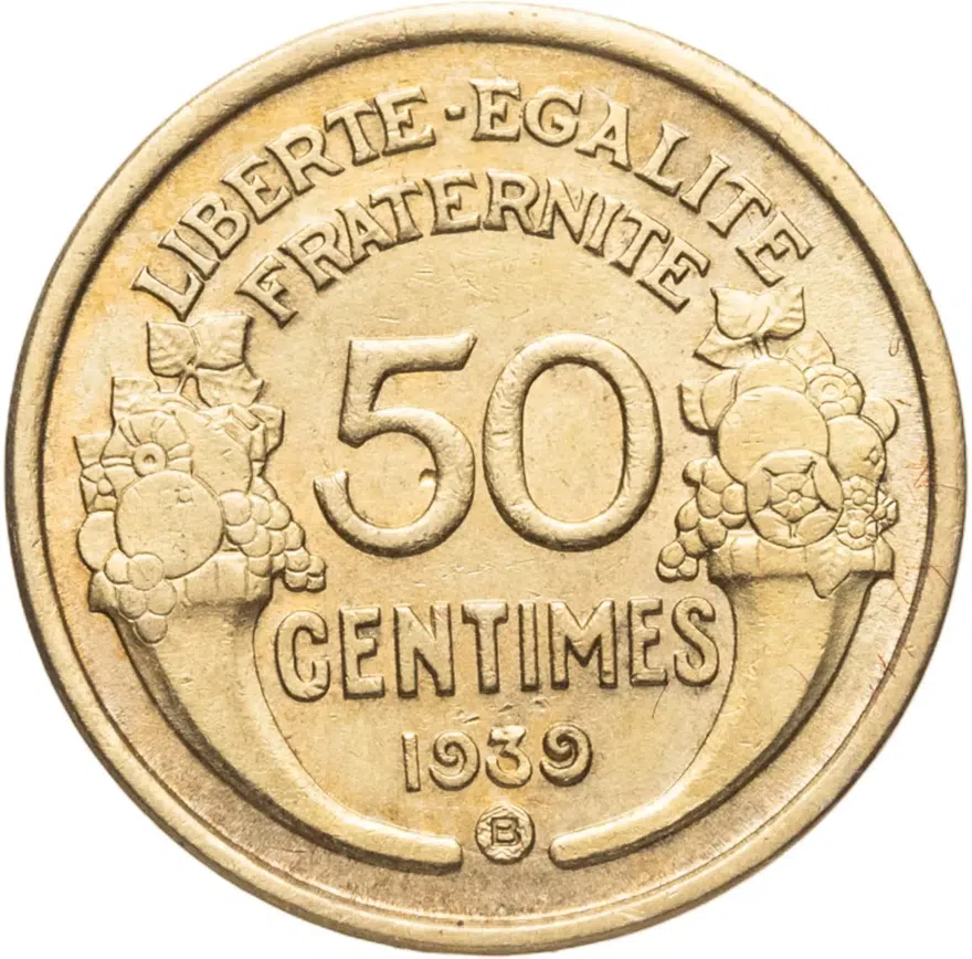 Франция 50 сантимов (centimes) 1939 B  знак монетного двора: "B" - Брюссель, аверс