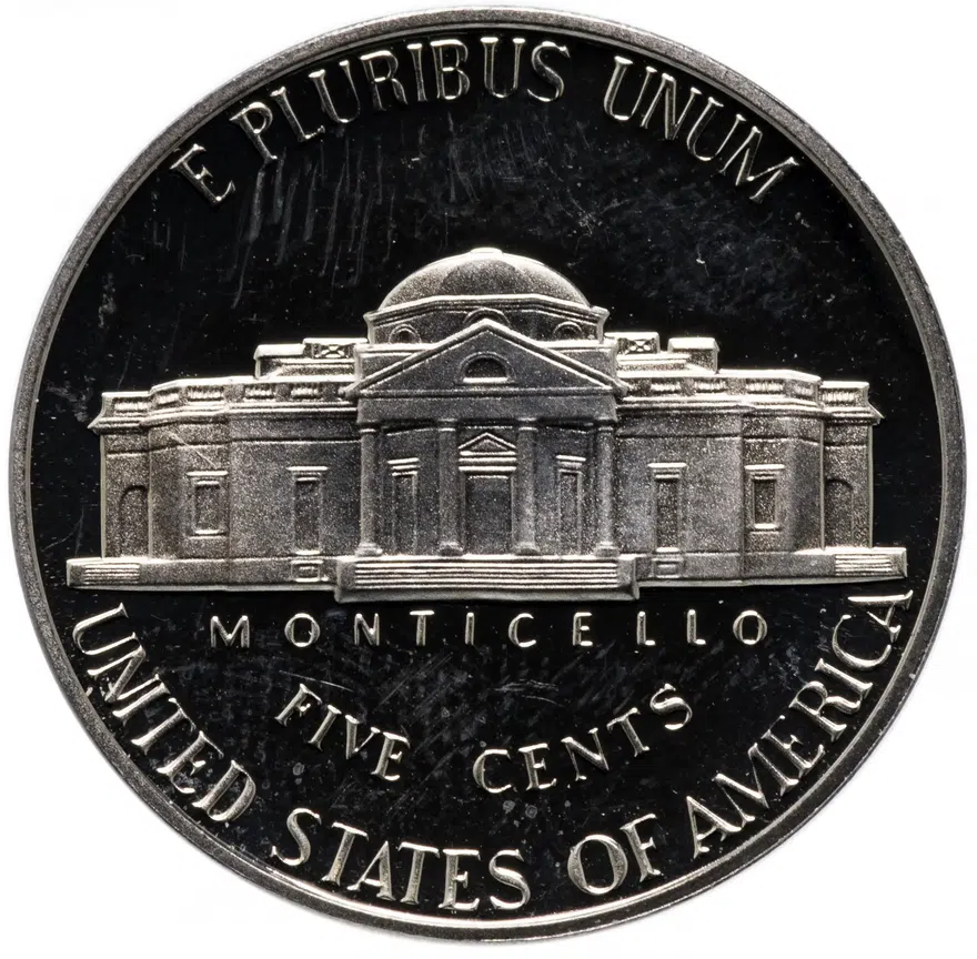 США 5 центов (cents) 1990 S Jefferson Nickel (Джефферсон) знак монетного двора "S", реверс
