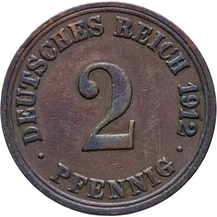 Германия 2 пфеннига (pfennig) 1912 A  знак монетного двора: "A" - Берлин, аверс