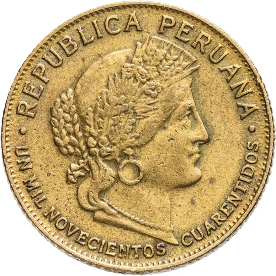 Перу 10 сентаво (centavos) 1942 Монетный двор Лимы, надпись "UN MIL NOVECIENTOS CUARENTIDOS" на аверсе