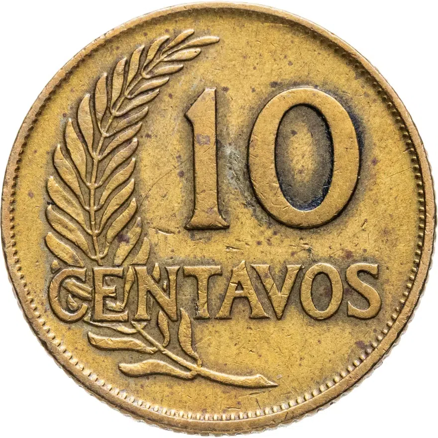 Перу 10 сентаво (centavos) 1942 Монетный двор Лимы, надпись "UN MIL NOVECIENTOS CUARENTIDOS" на аверсе, реверс