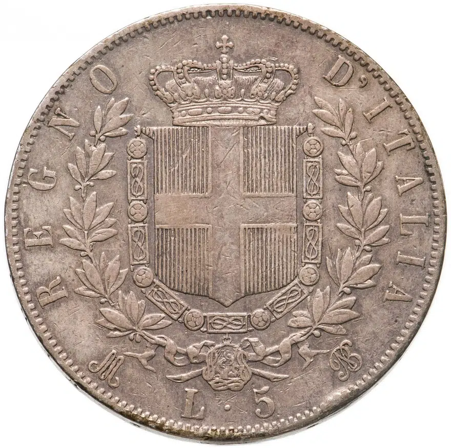 Италия 5 лир (lire) 1872 M знак монетного двора: "M" - Милан, реверс