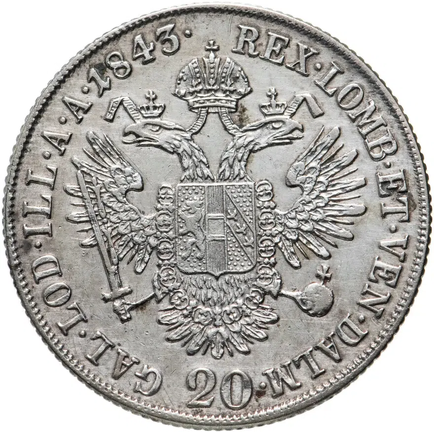 Австрия 20 крейцеров (kreuzer) 1843 A  знак монетного двора "A" - Вена, реверс