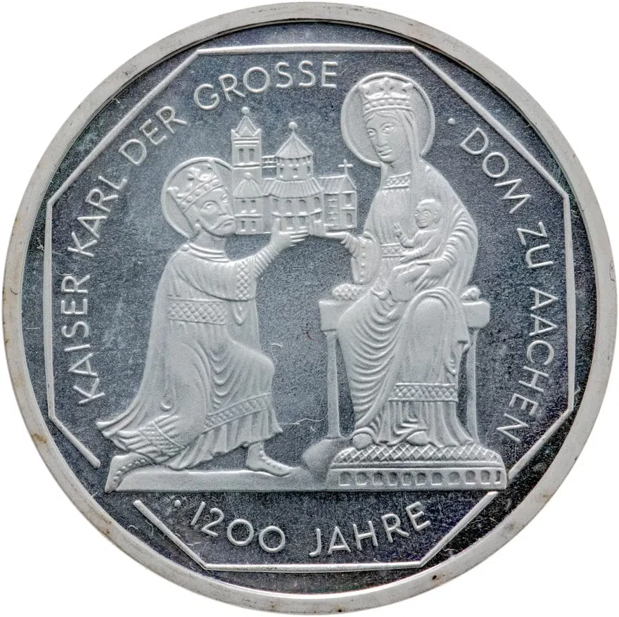 Германия 10 марок (mark) 2000 D 1200 лет Собору в Аахене знак монетного двора: "D" - Мюнхен, аверс
