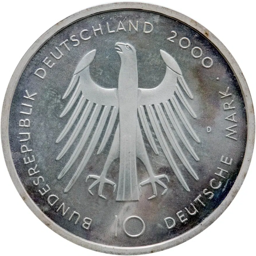 Германия 10 марок (mark) 2000 D 1200 лет Собору в Аахене знак монетного двора: "D" - Мюнхен, реверс