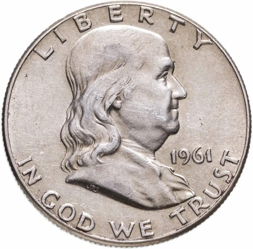 США 50 центов (1/2 доллара, half dollar) 1961  Franklin Half Dollar (Франклин) без обозначения монетного двора, аверс