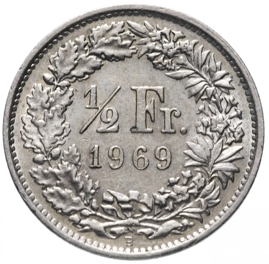 Швейцария 1/2 франка (franc) 1969 "B", аверс