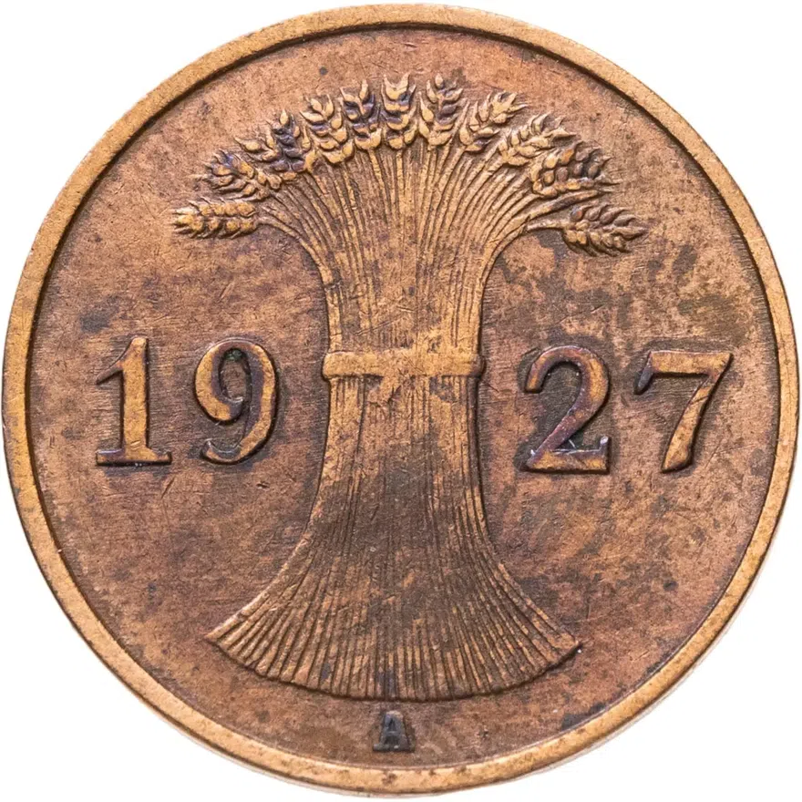 Германия 1 рейхспфенниг (reichspfennig) 1927 A  знак монетного двора "A" — Берлин, реверс