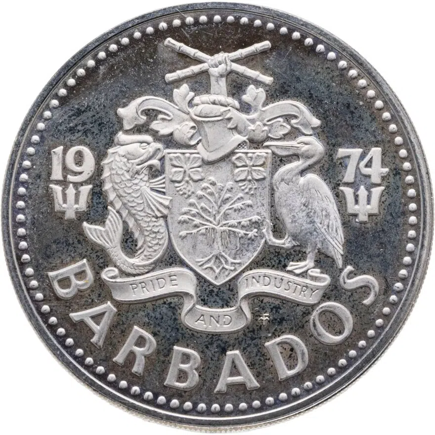 Барбадос 2 доллара (dollars) 1974, аверс