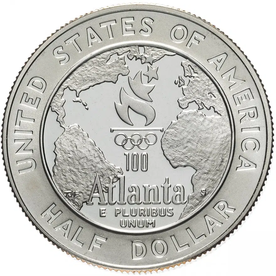 США 50 центов (1/2 доллара, half dollar) 1995 "XXVI летние Олимпийские Игры, Атланта 1996 - Бейсбол", аверс