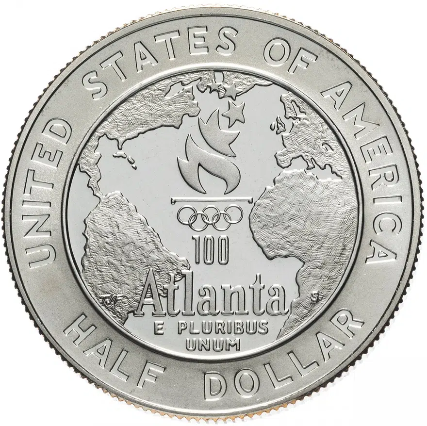 США 50 центов (1/2 доллара, half dollar) 1995 "XXVI летние Олимпийские Игры, Атланта 1996 - Бейсбол", реверс