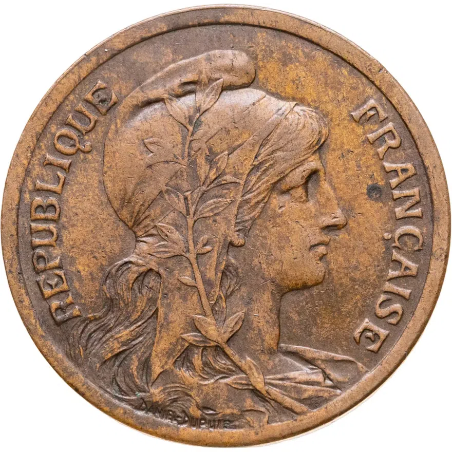 Франция 10 сантимов (centimes) 1920  Без отверстия в центре, аверс