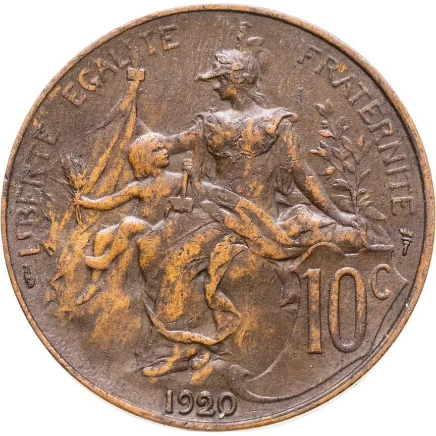 Франция 10 сантимов (centimes) 1920  Без отверстия в центре, реверс