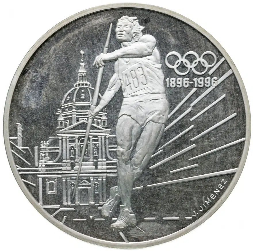 Франция 100 франков (francs) 1994  XXVI летние Олимпийские Игры, Атланта 1996 - Метание копья, аверс