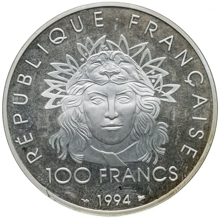 Франция 100 франков (francs) 1994  XXVI летние Олимпийские Игры, Атланта 1996 - Метание копья, реверс